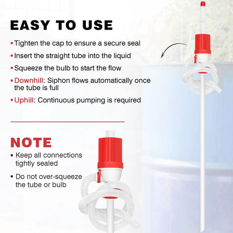 Heavy Duty 2 Pack Manual Siphon Drum Pump With 48 Inch Flexible Hose and Extra Replacement Tubes, instructions visible.