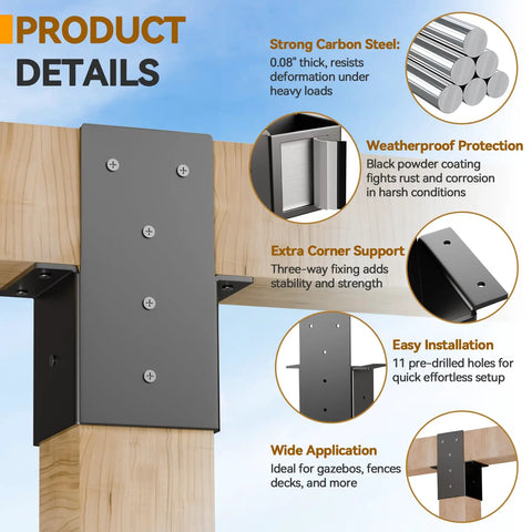 Two Pack 4x4 Pergola Brackets For Wood Posts, Beefy 14 Gauge Steel Post Top Rafter Connectors, Ideal For Gazebos, Decks And Pergolas, Actual Size 3.5 Inch By 3.5 Inch
