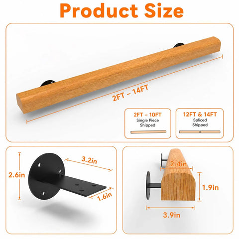 Real Deal Pine Wood Stair Handrail With Smooth As Butter Grip And Rock Solid Metal Brackets Guaranteed Indoor Guardrail Kit size chart showing 2FT to 14FT lengths.
