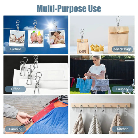 Multi-purpose use of Built Like A Tank Heavy Duty Stainless Steel Clothes Pins 20 Pack in photos, snacks, laundry, camping, and kitchen.