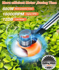 Cordless 21V Weed Eater With Dual 4Ah Batteries And Charger cutting through green leaves with orange brush cutter blade