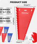 4-Pack Magnetic Wrench Organizer With 64 Slots For SAE And Metric Wrenches, showing red and blue trays with size specifications.