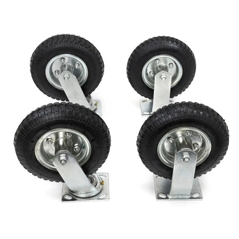 Heavy Duty Four Pack Eight Inch Pneumatic Air Tire Casters with Two Rigid and Two Swivel Wheels for Farm Cart, showing durable steel bases and air-filled tires.