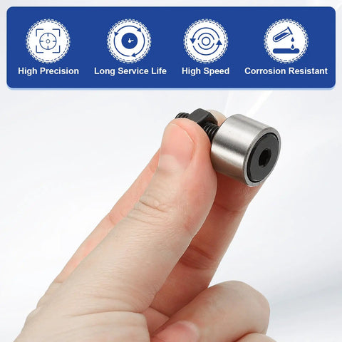 Two Piece Cam Follower Needle Roller Bearing Set Beefy Heavy Duty 16mm Chrome Steel Track Runner For Machine Tool Guide Rails M6x1mm Full Stud Thread KR16 CF6 held in hand