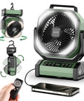 Beast Camping Fan With Light 20000mAh Battery Up To 112 Hours Run Time shown with 270 Degree Pivot and built-in hook.
