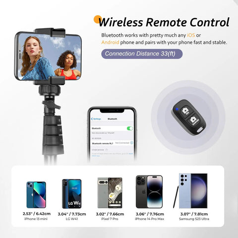 Phone Tripod Kit With Wireless Remote for Smartphones and Cameras, 62 Inch Selfie Stick Tripod Stand with remote and phone compatibility list.