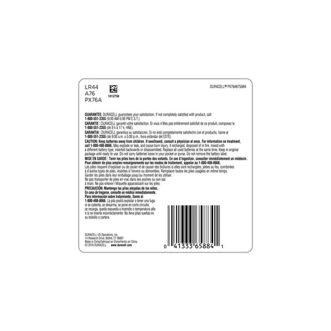 Hella Long Lasting 76A Battery 1.5 Volt Alkaline Pack Of Four Equivalent To Lr44 A76 Ag13 product information label.