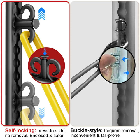 Close-up of adjustable resistance band wall anchor features, showcasing self-locking design for safety, 40 inch sturdy construction.