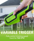 Gutsy Cordless String Trimmer And Lawn Edger With Brushless Motor delivering raw torque, showing variable trigger control.