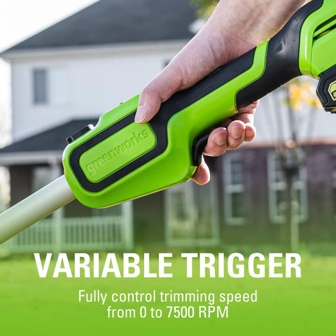 Gutsy Cordless String Trimmer And Lawn Edger With Brushless Motor delivering raw torque, showing variable trigger control.
