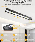 Rechargeable Motion Sensor Ceiling Light With 500 Lumen LED No Fuss Easy Install Full Metal Battery Powered Closet Light 3 Color Temperature Dimmable Remote And Timer Magnetic Cordless Mount For Shower Hallway Garage Pantry Black shown installed on ceiling, full metal finish, motion sensor close-up.