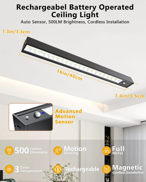 Rechargeable Motion Sensor Ceiling Light With 500 Lumen LED No Fuss Easy Install Full Metal Battery Powered Closet Light 3 Color Temperature Dimmable Remote And Timer Magnetic Cordless Mount For Shower Hallway Garage Pantry Black shown installed on ceiling, full metal finish, motion sensor close-up.
