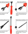 Drum Brake Tool Kit 8 Piece Pro Set With Brake Spring Pliers, Brake Spoon, And Spring Compressor displayed with tools for GM Chassis