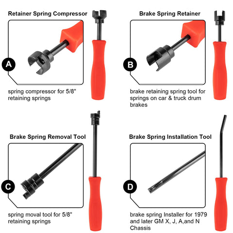 Drum Brake Tool Kit 8 Piece Pro Set With Brake Spring Pliers, Brake Spoon, And Spring Compressor displayed with tools for GM Chassis