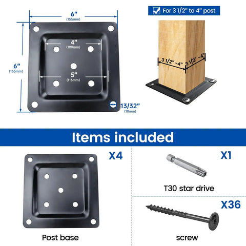 Beefy 4 Pack Wood Post Plate Connector For Decks And Fences with 6 by 6 Inch Base Plates Fits 3.5 by 3.5 to 4 by 4 Posts Black
