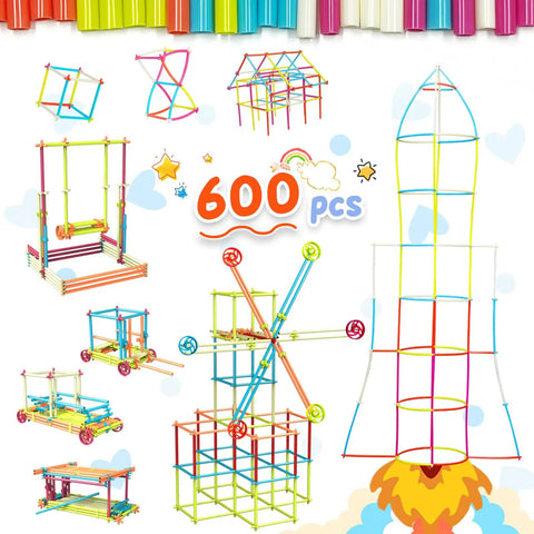 Straw Constructor STEM Building Toy Kit With 600 Pcs Interlocking Gear Blocks, Colorful Macaron Connectors, Wheels, And Multi Directional Pieces for creative play.
