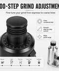 Kickstart Your Morning Grind With This Heavy Duty 80mm Flat Burr Coffee Grinder Stepless adjustment dial for grind precision.