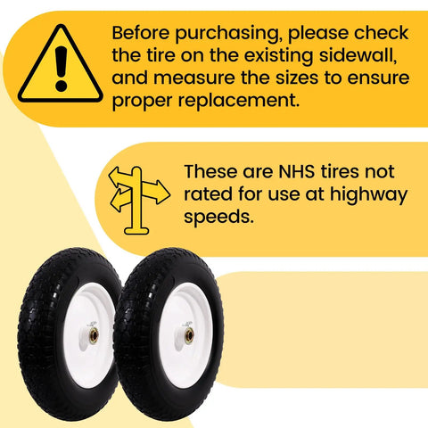 Beefy 14.5 Inch Wheelbarrow Wheel Solid Tire Replacement Kit with caution signs for proper fit and use instructions.