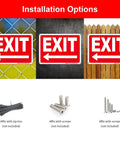 No Hassle Installation Heavy Duty Exit Signs With Left Arrow 10X7 Inch Fade Resistant Aluminum Safety Plaque shown affixed in various ways.