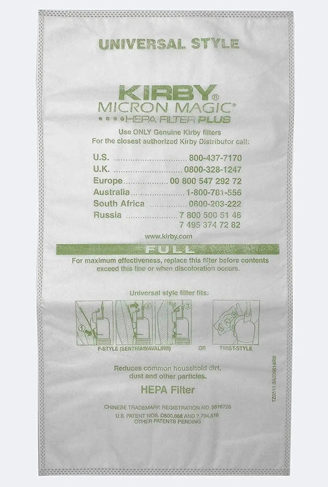 204811 Six Pack HEPA Filter Bags For F-Style Vacuums, Micron Magic Replacement packaging with instructions.
