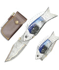 Fish Style Folding Knife With Ladder Pattern Damascus Blade And Blue Resin Handle, Brass Engraved EDC Knife for hunting and leather sheath
