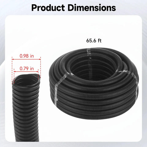 Badass Black PE Corrugated Conduit With Flexible Wire Tubing For Effortless Cable Routing And Heavy Duty Home Garden Electrical Protection That Handles Every Bend No Sweat, dimensions 0.79 in bore, 0.98 in width, 65.6 ft roll.