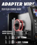 135 Amp 110V 220V Dual Voltage MIG Welder wire spool with 2lb flux core, details of wire gauge .03/.039 inches.