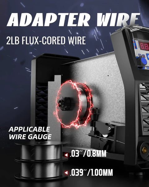 135 Amp 110V 220V Dual Voltage MIG Welder wire spool with 2lb flux core, details of wire gauge .03/.039 inches.