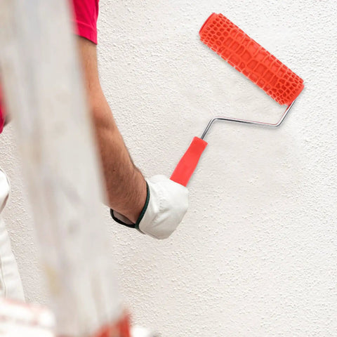Decorative Texture Roller With Handle for Faux Wood Wall Finish Painting, heavy duty roller in use on textured wall.