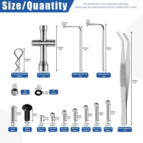 294 Piece M1.4 To 12Mm Universal RC Screw Kit with various tools and components for Axial SCX24 Crawler Trucks, labeled sizes shown.