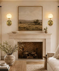 10 in Alabaster Wall Sconces Set of Two, Natural Marble Globe Wall Light in modern living room with fireplace and art.