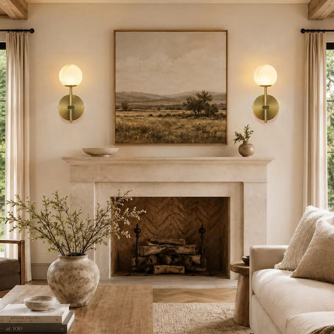 10 in Alabaster Wall Sconces Set of Two, Natural Marble Globe Wall Light in modern living room with fireplace and art.