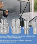 Front view of four stainless steel 3/8-inch quick-connect pressure washer fittings set (NPT), with a car wash backdrop.