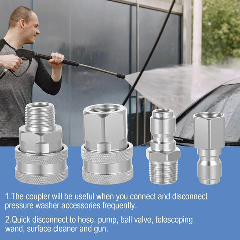 Front view of four stainless steel 3/8-inch quick-connect pressure washer fittings set (NPT), with a car wash backdrop.