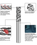 Five Piece Carbide End Mill Set Three Eighths Inch Shank Four Flute Square Nose CNC Milling Bits Heavy Duty For Titanium Alloy Steel Stainless And High Temperature Alloys HRC70 Hardness Wear Resistant Cutting Tools, showing geometry and material details.