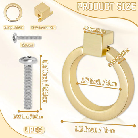 4 Pack Gold Cabinet Knobs With Screws, Brushed Gold Ring Pulls For Dresser, detailed dimensions and components shown.
