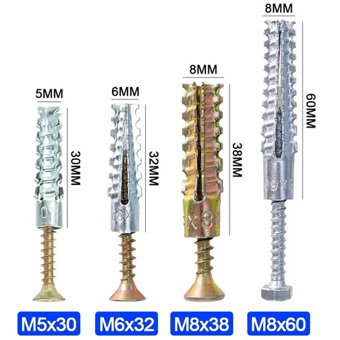 200 Piece Wall Anchor Screw Kit For Drywall, Metal Self Tapping Fasteners, Yellow Zinc Plated Carbon Steel, Rust Resistant Home Fixing, No Fuss No Prep Self Drilling Mounting, Heavy Duty Kit, M8x38 anchors shown