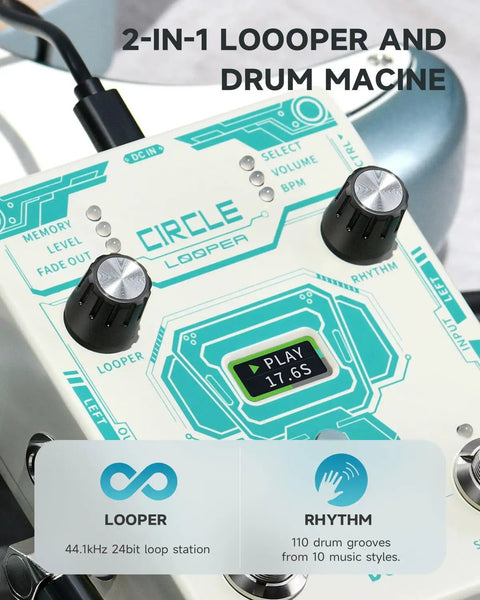 Close-up of Circle Looper Pedal Drum Machine 2 In 1 Dual Loop Studio Pedal For Guitar, showing interface with knobs.