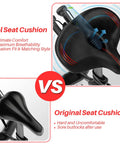 Ultra Wide Memory Foam Bike Seat Cushion For Spin And Exercise Bikes Extra Large 12.6 by 11.4 by 4.7 Inches Thick Cushioned Saddle With Soft Durable Cover Non Slip Red Great For Long Rides, black gel seat cushion shown on bike saddle