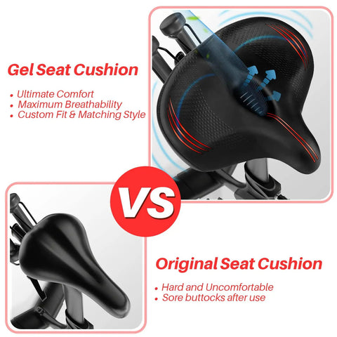 Ultra Wide Memory Foam Bike Seat Cushion For Spin And Exercise Bikes Extra Large 12.6 by 11.4 by 4.7 Inches Thick Cushioned Saddle With Soft Durable Cover Non Slip Red Great For Long Rides, black gel seat cushion shown on bike saddle