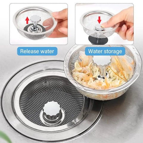 Universal 3.3 Inch Stainless Steel Kitchen Sink Strainer With Handle And Stopper Durable Drain Basket Mesh Filter in use