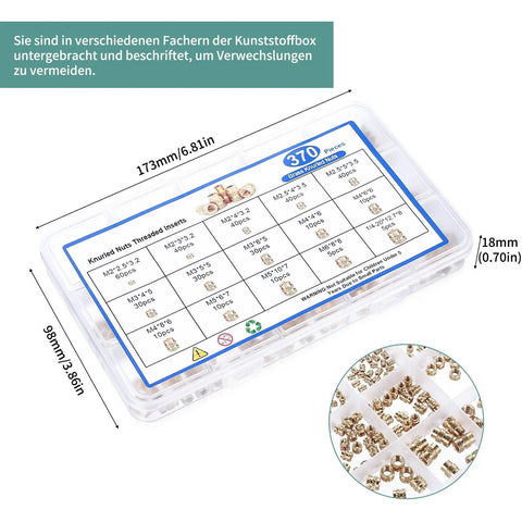 Brass Threaded Inserts Kit With Knurled Heat Set Nuts M2 M2.5 M3 M4 M5 M6 And 1/4 20 Female Thread For 3D Printing And Injection Molding 370 Pieces in plastic box with labeled compartments.