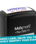 Close-up of Top Shelf Self Inking Date Stamp For Office Desk with 'APPROVED OCT 20 2033' label on smooth surface.