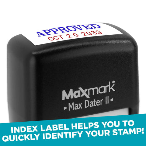 Close-up of Top Shelf Self Inking Date Stamp For Office Desk with 'APPROVED OCT 20 2033' label on smooth surface.