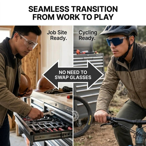 Heavy Duty Photochromic Safety Glasses Featuring Uv400 Polarized Auto Darkening Lenses And Impact Resistant Frames for work and cycling.