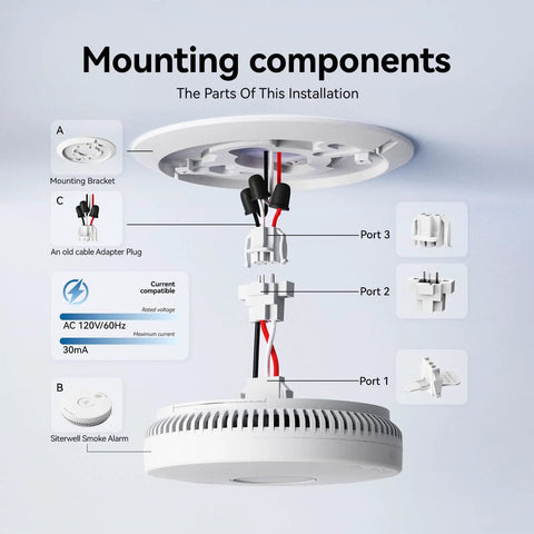 Diagram showing components of No Fuss Quick Connect Smoke Detector Adapter For Easy Retrofit And Wiring Harness Replacement Make Hardwired Smoke And CO Alarms GS562A Compatible Simple Install Six Pack Bundle For Faster Home Upgrades.