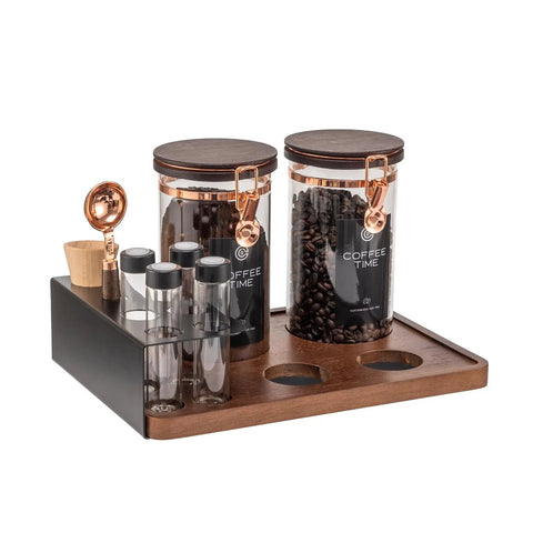 Keep Your Beans Locked Away In This Coffee Canister Set With Two Sealed Glass Jars With One Way Degassing Valves And Dark Blocking Lids Includes Four Dosing Tubes Measuring Spoon Funnel And Sturdy Rack For Your Daily Grind Routine.