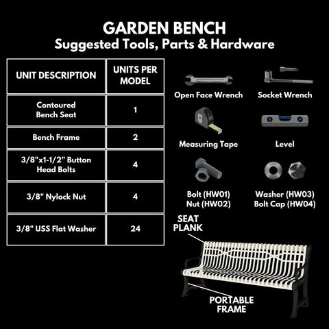 Heavy Duty Outdoor Garden Bench With Thermoplastic Coated Slatted Steel Industrial Grade Construction For All Weather Durability Portable With Back 6 Ft Black Made In America Commercial Grade Built Tough assembly guide with tools and parts list.