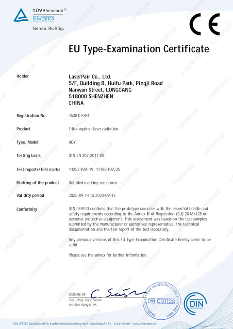 EU Type-Examination Certificate for Infrared Laser Safety Goggles For Alexandrite Diode And NdYAG Lasers Eye Protection CE EN207.
