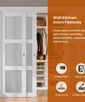 Sliding Barn Closet Doors 96x80 Inches Double Panel With Frosted Glass 3 Panel Privacy White MDF PVC Surface Hardware Included